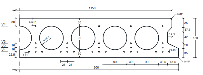 Plano técnico de la placa pretensada P-150
